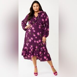 Draper James XL RSVP Long Sleeve Ruffle Midi Dress Purple Floral
